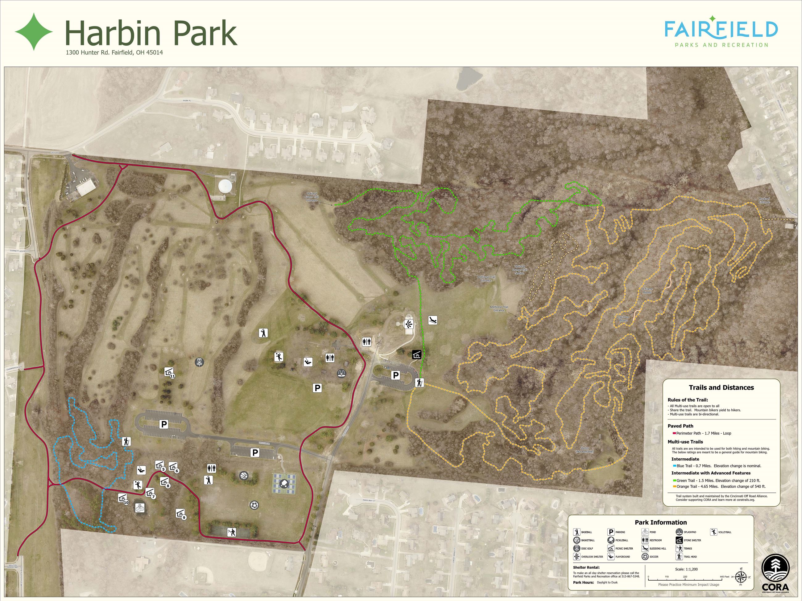Map of the trails at Harbin Park, updated 2025. 